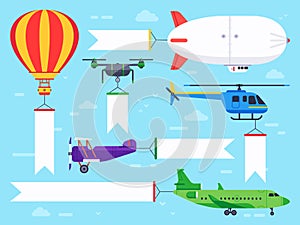 Air vehicles banner. Flying helicopter sign, airplane banner message and vintage zeppelin ad flat vector illustration set