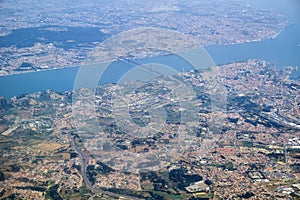 The air view of Lisbon on the both shores of Tagus river. Lisbon. Portugal