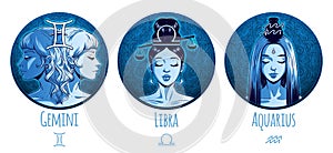 Air zodiac set, beautiful girls, Gemini, Libra, Aquarius, horoscope symbol, star sign, vector illustration photo