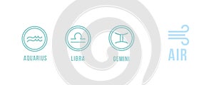3 air zodiac signs - aquarius, libra, gemini. Round icons.