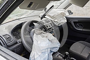Airbag exploded at a car accident. Car after an accident
