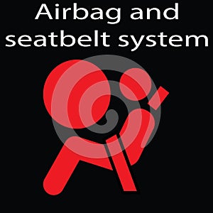 Airbag and seatbelt sign on a black background. Warning dashboard signs illustration vector.