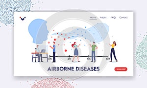 Airborne Disease, Virus Transmission Landing Page Template. Characters Visit Public Place with Flying Contagious Cells