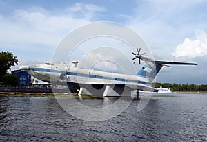 Airborne ekranoplan project 904 `Eaglet` at the Khimki reservoir in Moscow