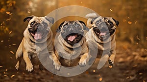 Airborne Pug Happiness 3 Playful Dogs Snatching Treats. Generative AI