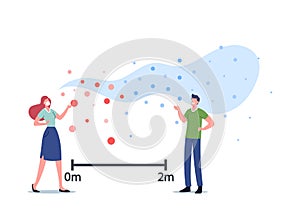 Airborne Virus Transmission. Characters Communicate with Flying Contagious Cells around. People Stand on Distance