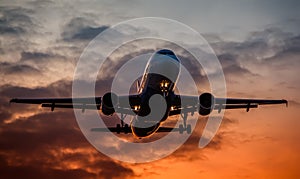 Airbus 320 silhouette on sunset landing on airport closeup