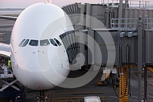 Airbus A380 airliner docked for boarding.