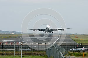 Airbus A380 jet aircraft taking off.