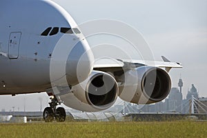 Airbus A380 jet airliner on runway