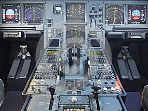 Airbus A330 airplane's cockpit front and pedestrian panel photo