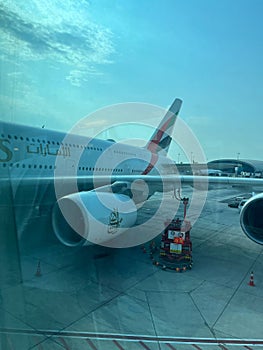 Airbus 380 of Emirates company on Dubai airport