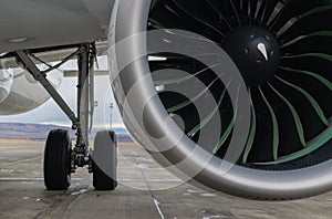 Airbus A321neo aircraft`s PW1133G engine and left main landing gear photo