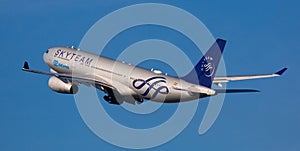 Airbus of SkyTeam airline alliance taking off at El Prat Airport