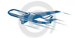 Aircraft, airplane, airline logo or label. Journey, air travel, airliner symbol. Vector illustration