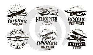 Aircraft, airplane, helicopter logo or icon. Transport label set. Vector illustration