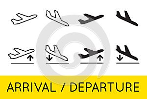 Aircraft or Airplane Icons Set Collection Vector Silhouette Arrivals Departure