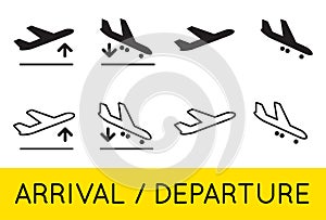 Aircraft or Airplane Icons Set Collection Vector Silhouette Arrivals Departure