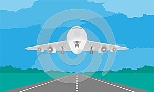 Aircraft or airplane landing or takeoff on runway in daytime illustration on blue sky
