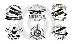 Aircraft, airplane logo or label. flying club, airlines icon set. typographic design vector illustration