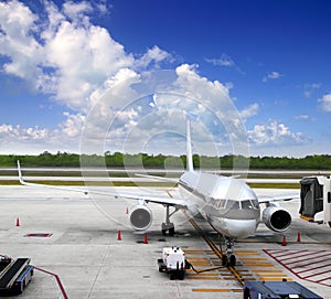 Aircraft airplane plane landed airport blue sky