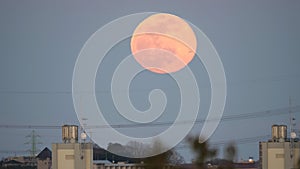 An aircraft approaching Haneda International airport crossing in front of the rising full moon in wi