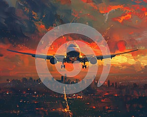 Aircraft ascending with urban backdrop fiery skies painting the journey ahead photo