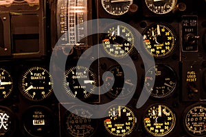 Aircraft aviation gauges with backlighting closeup.