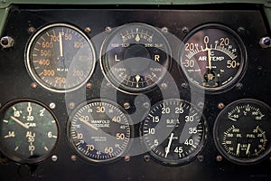 Aircraft aviation gauges of an old aircraft closeup.