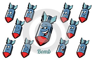 Aircraft bomb emotions emoticons set on white backgroun