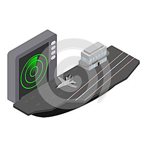 Aircraft carrier icon isometric vector. Military ship with fighter aircraft icon