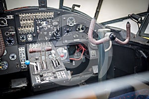 Aircraft cockpit. Control panel of an aircraf