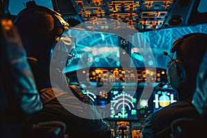 Aircraft cockpit with pilots and neon lighting