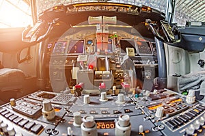 Aircraft cockpit view on the control panel