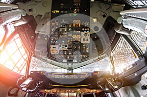 Aircraft cockpit view on the control panel.