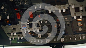 Aircraft dashboard command in empty plane cockpit