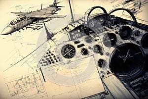 aircraft design sketch, with the details of a cockpit and flight controls visible