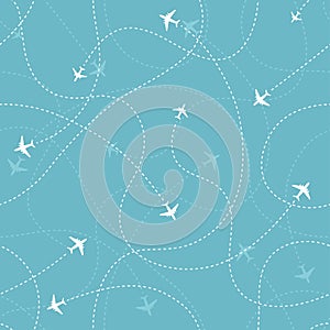 Aircraft destinations with planes icons on blue background. Abstract seamless pattern.