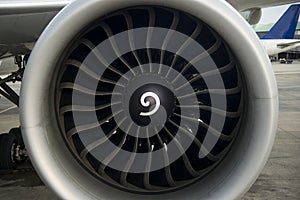 Aircraft engine close up shot.