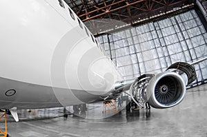 Aircraft engine turbo jet with blades, fuselage and open engine.