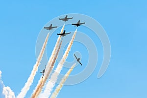 Aircraft fighter jets smoke the background of sky and sun.