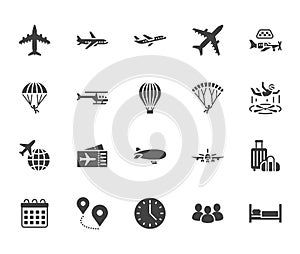 Aircraft flat glyph icons set. Airplane, helicopter, air taxi, skydiving, balloon, aero tube, paragliding vector