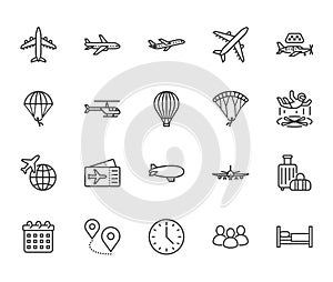 Aircraft flat line icons set. Airplane, helicopter, air taxi, skydiving, balloon, aero tube, paragliding vector