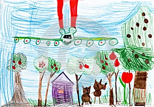 Aircraft flies over the kitchen garden with a house and dogs.