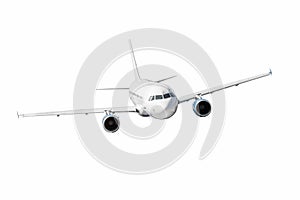 Aircraft in flight with blank livery and two engines isolated on white background.