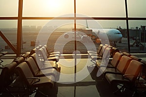 Aircraft flight preparation - fueling, catering, baggage services before airplane takeoff. Waiting area with chairs in