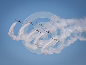 Aircraft flying in formation on a clear blue sky