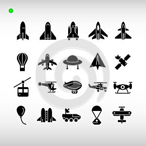 Aircraft icon set in black or glyph style