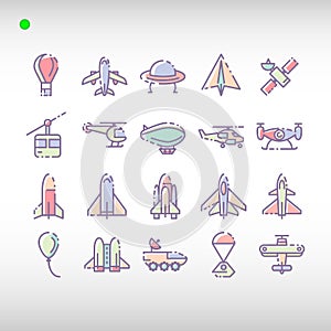 Aircraft icon set in flat color style