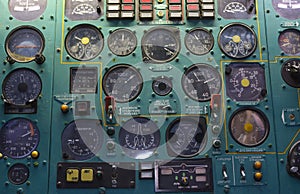 Aircraft instruments on a dashboard of an old made in USSR plane, close up